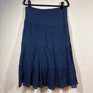 Chaps Denim Crinkle Gauze Tiered Midi Skirt Womens Medium Navy Country Cottage